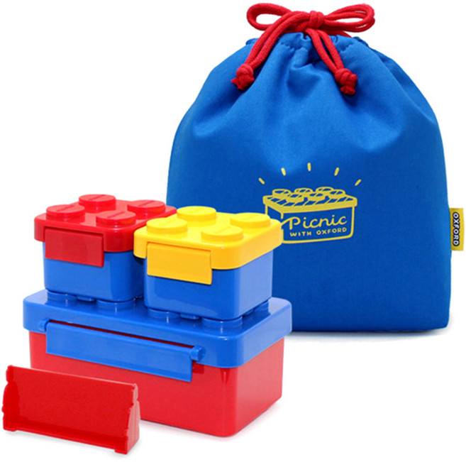 옥스포드 아동용 블럭 런치박스 + 보온보냉 파우치, 블루, 1세트