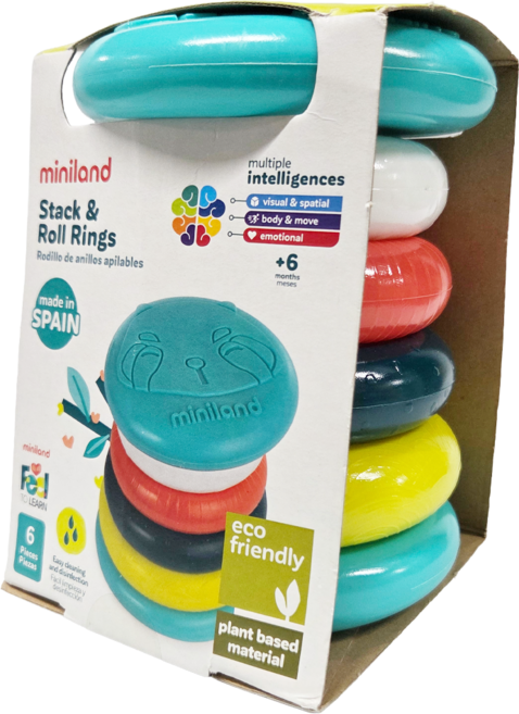 Miniland ECO天然感官堆疊圈滾環 6個以上適用年齡 生物可分解塑膠, 藍色+白色+紅色+深綠色＋淺綠色＋藍色, 1組
