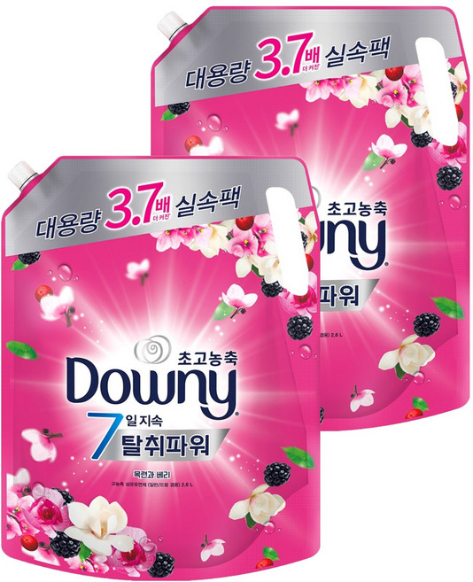 다우니 7일 지속 탈취파워 초고농축 섬유유연제 목련과베리 리필, 2.6L, 2개