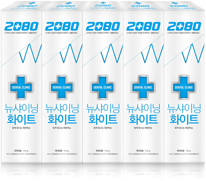 2080 덴탈크리닉 뉴샤이닝 화이트 베이직 치약, 140g, 5개