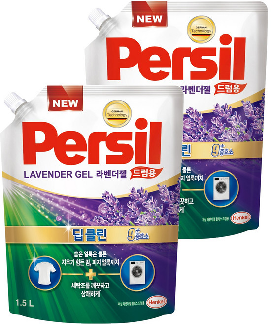 퍼실 딥클린 9중효소 라벤더젤 드럼용 액상세제 리필, 1.5L, 2개