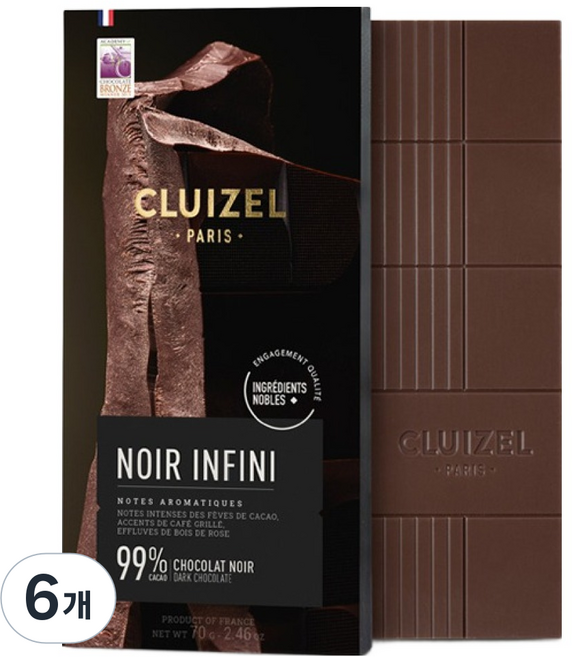 미셸클뤼젤 누아르 앙파니 99% 다크 초콜릿, 70g, 6개
