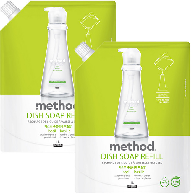메소드 주방세제 바질향 리필, 2개, 1L