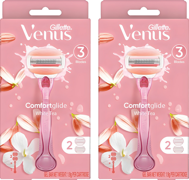 Venus 정품 컴포트 글라이드 화이트티 여성용 면도기 + 면도날 2입, 2개