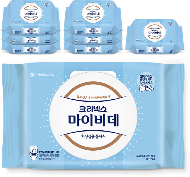 마이비데 클린케어 화장실용 물티슈 캡형, 80매, 8개