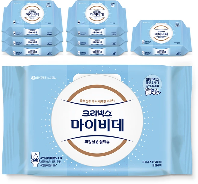 마이비데 클린케어 화장실용 물티슈 캡형, 80매, 8개 - 쿠팡