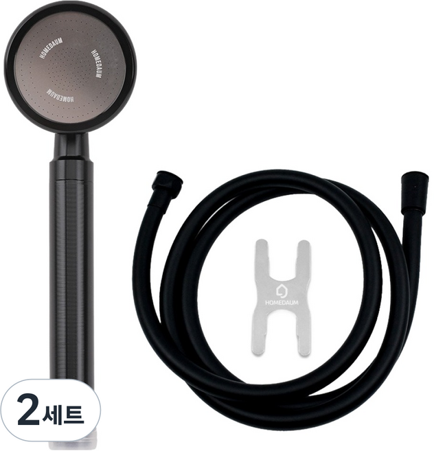 홈다움 더쎈 알루미늄 터보수압 샤워기헤드 H6 + 말랑이 물때방지 튜브형 샤워호스 1.5m + 스패너 세트, 블랙, 2세트