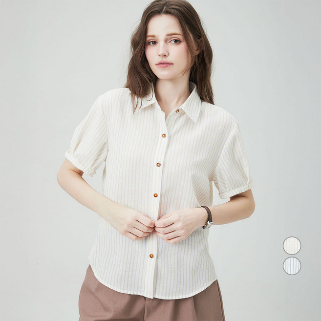 ELLEPARIS 여성용 구름 엠보 스트라이프 반팔 롤업 셔츠