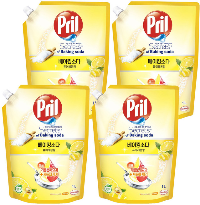 프릴 시크릿 오브 베이킹소다 주방세제 퓨어레몬향 리필, 1L, 4개