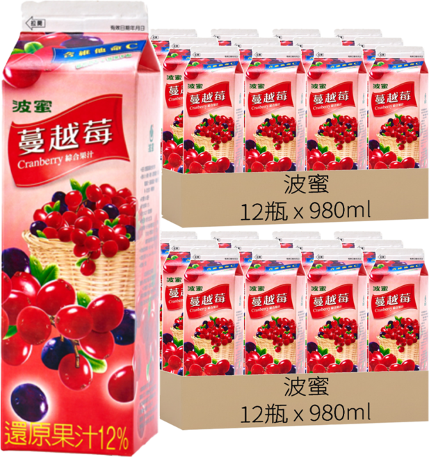 波蜜 蔓越莓, 980ml, 24瓶