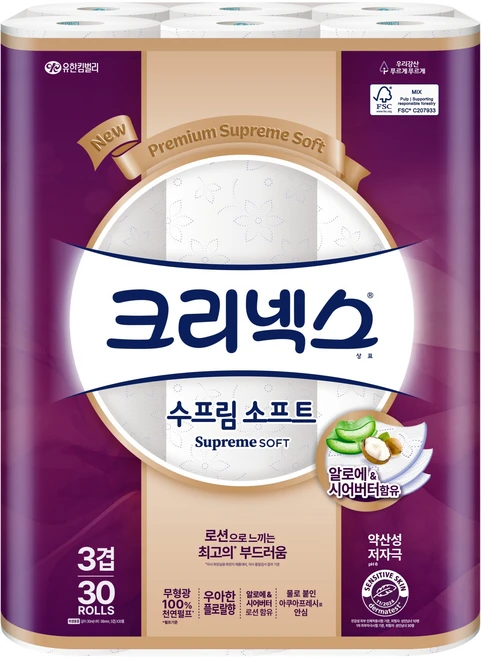 크리넥스 수프림 소프트 천연펄프 3겹 화장지, 30m, 30롤, 1개 - 쿠팡