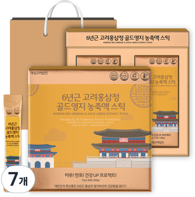 개성고려삼인 6년근 고려홍삼정 골드영지 농축액 스틱 12g x 30p + 쇼핑백 세트, 360g, 7개