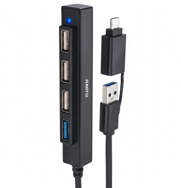 RASTO RH11 長線型 USB 3.2 Hub 4孔集線器1M + Type C雙接, 黑色, 1個