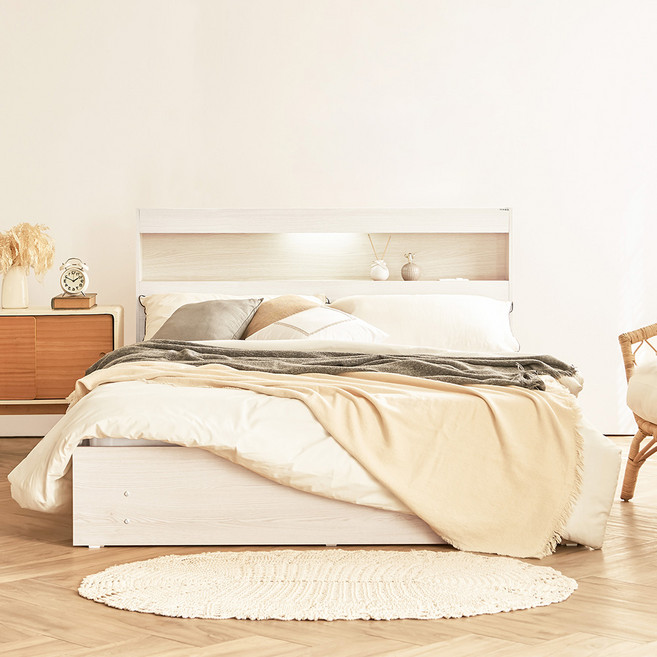 동서가구 이즈 카이 LED 1단 3서랍 수납침대 프레임 + 본넬 양면 매트리스 세트 방문설치, 워시 + 화이트