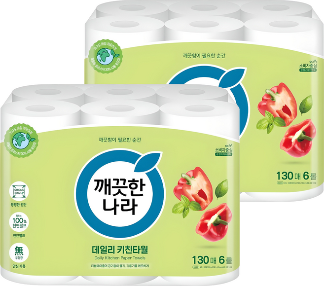 깨끗한나라 데일리 천연펄프 키친타월, 130매, 12개