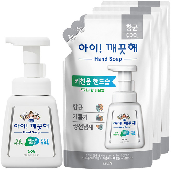 아이깨끗해 항균 키친용 핸드솝 프레시한 바질향 리필 200ml 3p + 용기 250ml, 1개