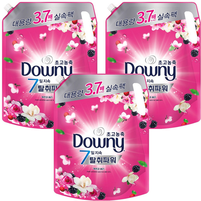 다우니 7일 지속 탈취파워 초고농축 섬유유연제 목련과베리 리필, 2.6L, 3개