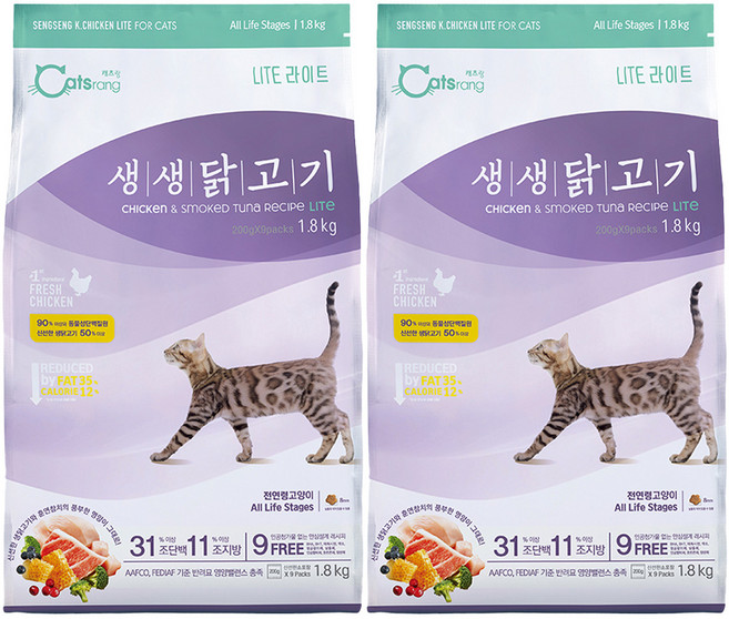 캐츠랑 고양이 생생닭고기 기능성 사료, 다이어트(체중유지), 1.8kg, 2개