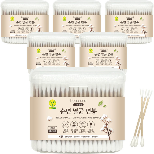 뷰렌드 비건 멸균 나무 면봉, 350개입, 6개