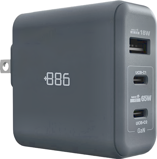 886 極野家 極Hai GaN氮化鎵 65W PD 3孔快充充電器, 迷霧灰, 1個
