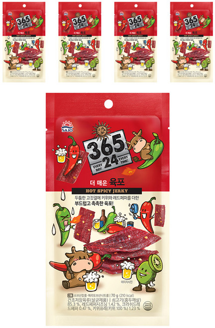 삼육오점이사 해표 365 24 더 매운 육포, 70g, 5개