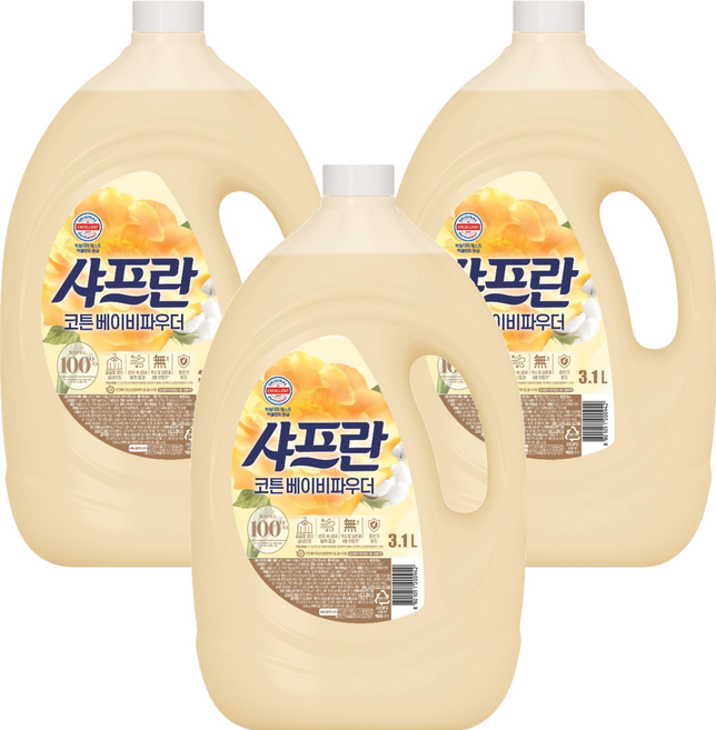 샤프란 섬유유연제 코튼 베이비파우더 본품, 3.1L, 3개