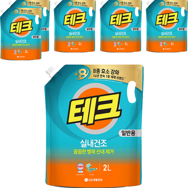 테크 실내건조 액체세제 일반 리필, 2L, 6개