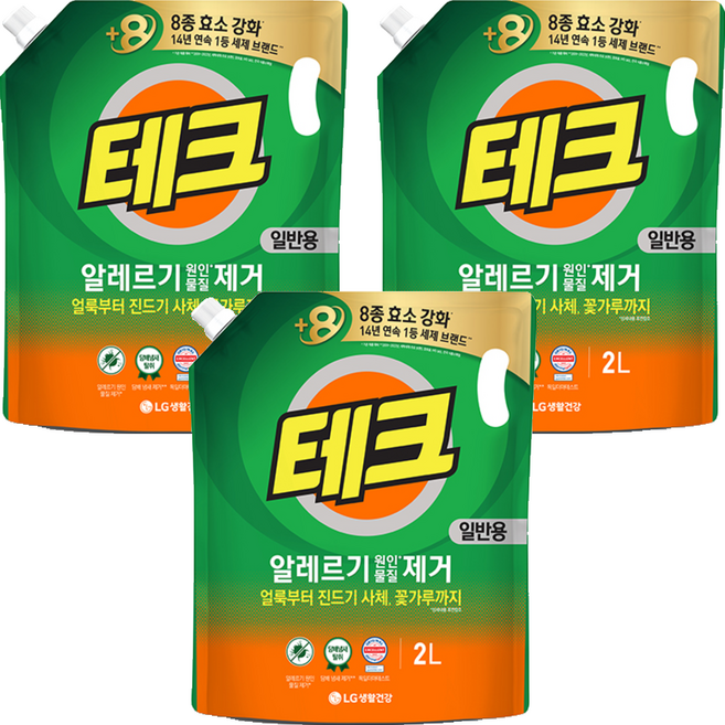 테크 진드기 알레르기 원인 제거 액체세제 일반 리필, 2L, 3개