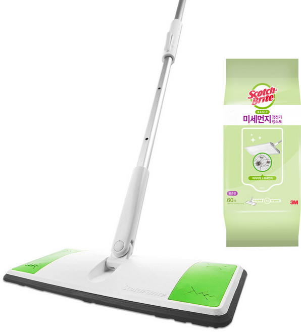 스카치브라이트 올터치 표준형 막대걸레 밑판 + 봉 + 미세먼지 정전기 청소포 60매, 1세트