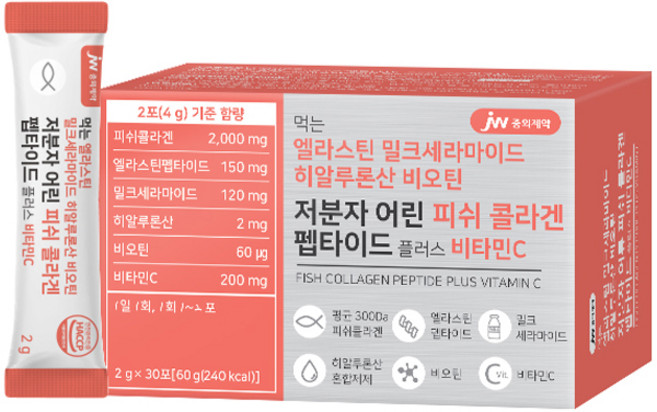 jw Pharmaceutical 牛奶神經醯胺&低分子魚膠原蛋白&維他命C粉隨身包 30條入, 1盒, 60g