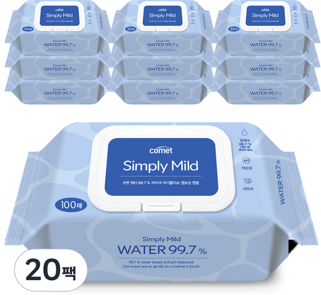 코멧 워터 99.7% 마일드 엠보싱 아기물티슈 캡형 피부 저자극 인증, 20팩, 100매, 50g
