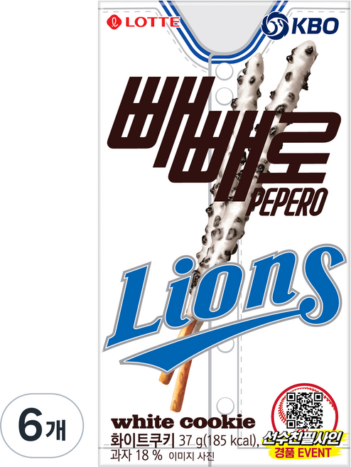 빼빼로 화이트쿠키 KBO 삼성 라이온즈, 37g, 6개