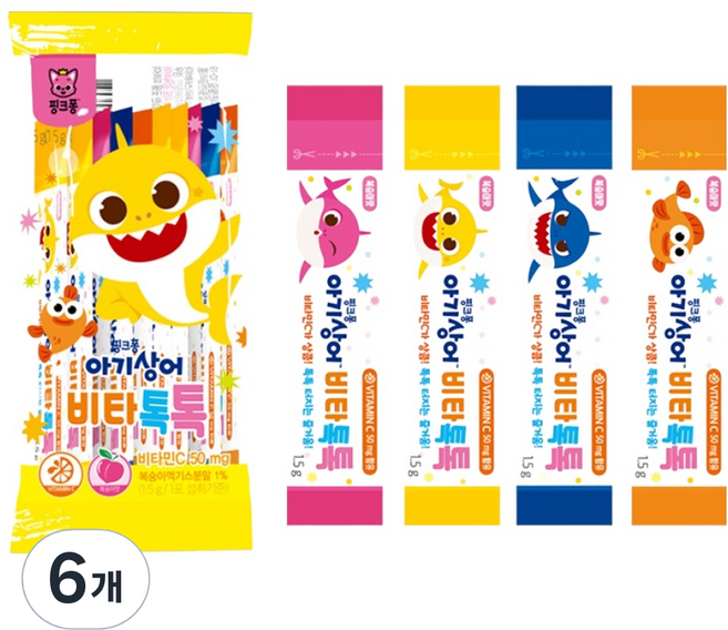 태양생활건강 핑크퐁 유아용 아기상어 비타톡톡 복숭아맛 10p, 15g, 6개
