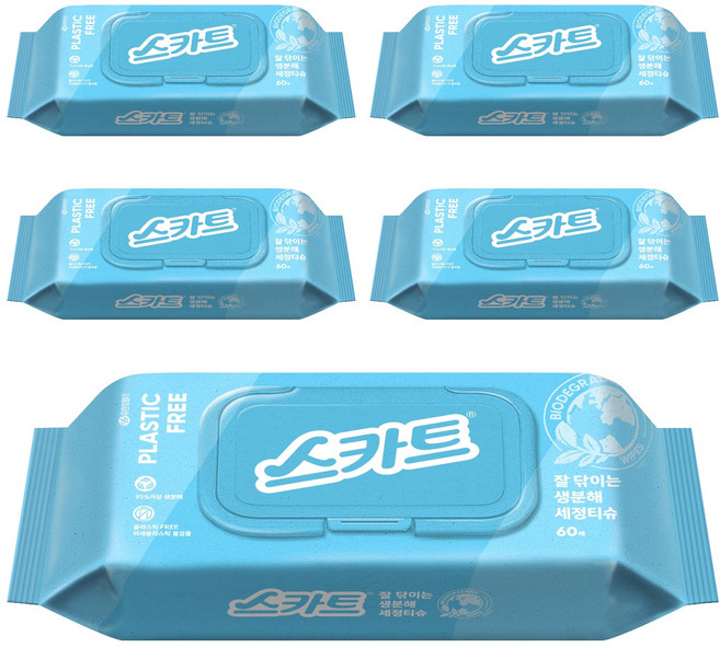 스카트 잘 닦이는 생분해 세정티슈 60p, 5개