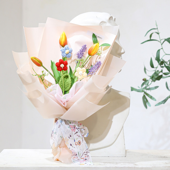 ASPASIA Alice 三朵鬱金香雛菊針織花混合花束+提袋, 橘色, 1個