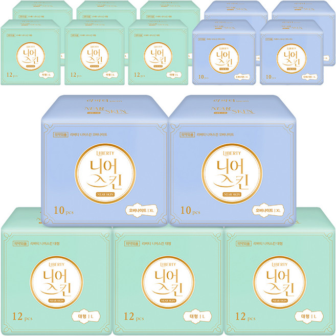 리버티 니어스킨 생리대 대형 날개형 12p x 3팩 + 오버나이트 날개형 10p x 2팩 세트, 56개입, 3세트