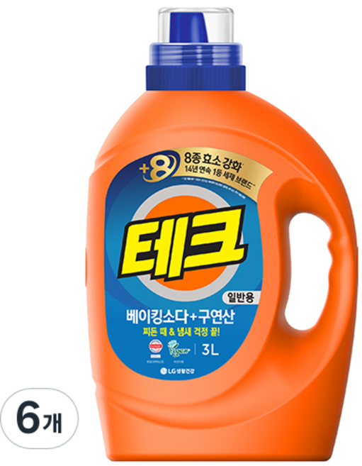 테크 베이킹소다 플러스 구연산 뉴 액체세제 본품, 3L, 6개
