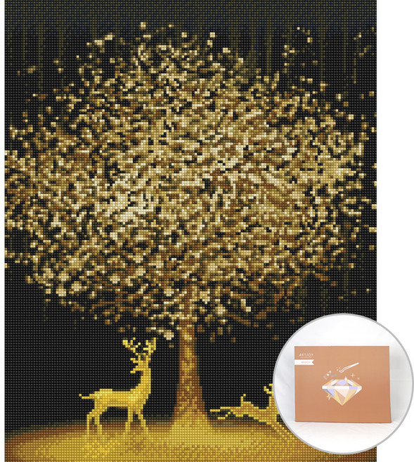 아트조이 DIY 보석 십자수 캔버스형 50 x 40 cm, 황금나무와 꽃사슴, 1개