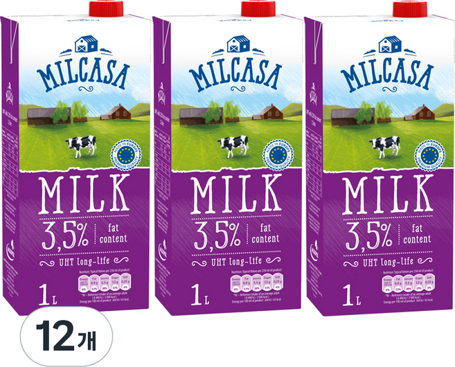 MLEKPOL 밀카사 멸균우유 3.5%, 1L, 12개
