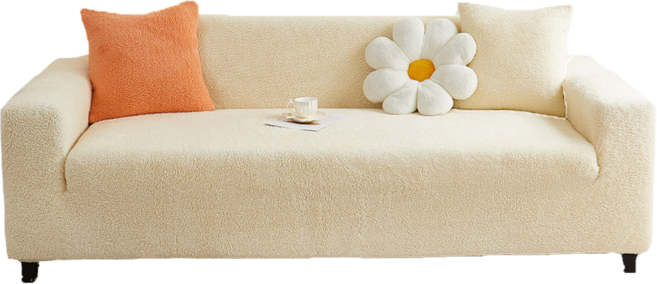 好物良品 短毛保暖防貓抓系列 高彈力立體提花彈力沙發罩 抱枕套 + 泡棉條＋坐墊巾, 奶油白, 1組