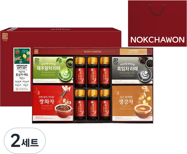 녹차원 마음가득 홍삼차 선물세트 + 쇼핑백, 홍삼진골드 +제주말차라떼 + 흑임자라떼 + 쌍화차 + 생강차, 2세트