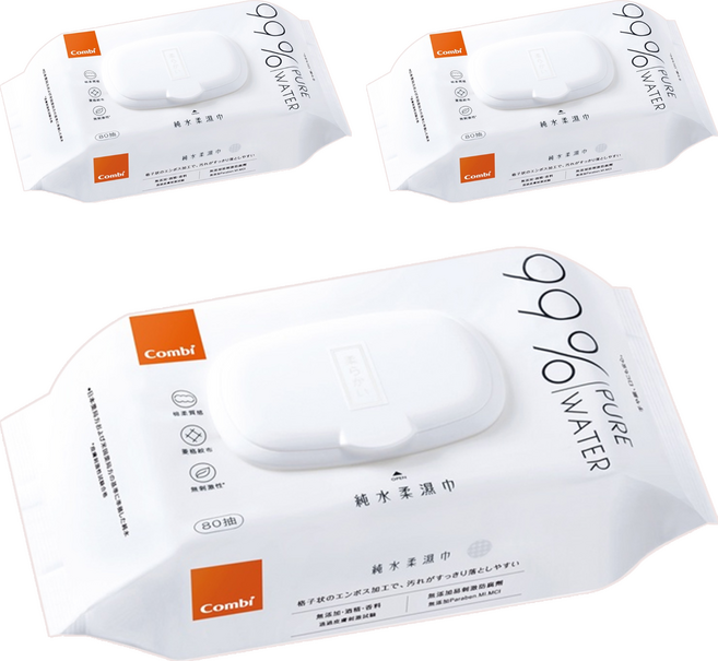 Combi 康貝 純水柔濕巾 掀蓋包, 45gsm, 80張, 3包