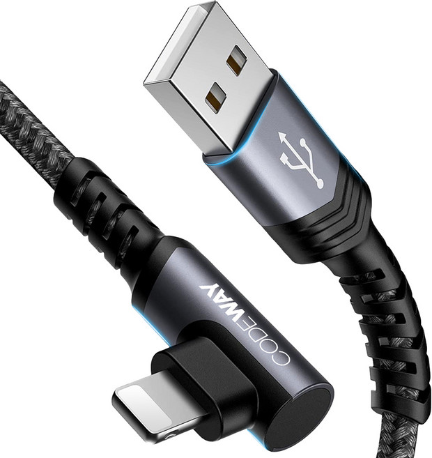 CODEWAY 90度 USB A to Lightning 快充充電線, 2m, 灰色, 1條