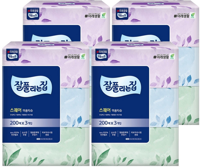 잘풀리는집 스퀘어 천연펄프 미용티슈 2겹, 200매입, 12개