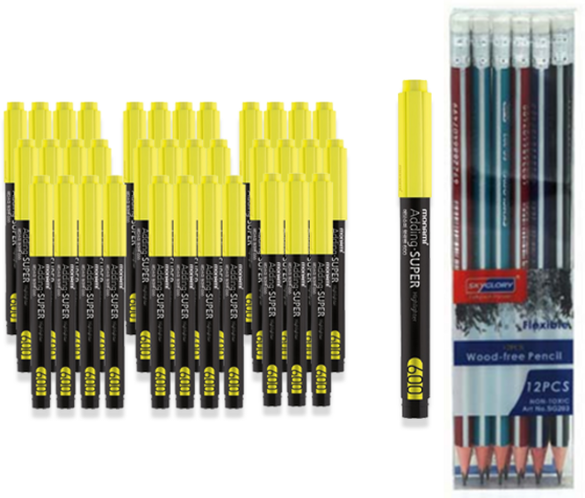 Monami Edding Super 螢光筆 600 36入 + Skyglory 三角橡皮擦鉛筆 12入 套組, 黃色(螢光筆), 混合色(鉛筆), 1套