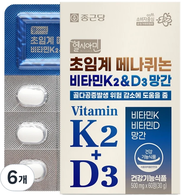 종근당 초임계 메나퀴논 비타민K2 & D3 망간 30g, 60정, 6개 - 쿠팡