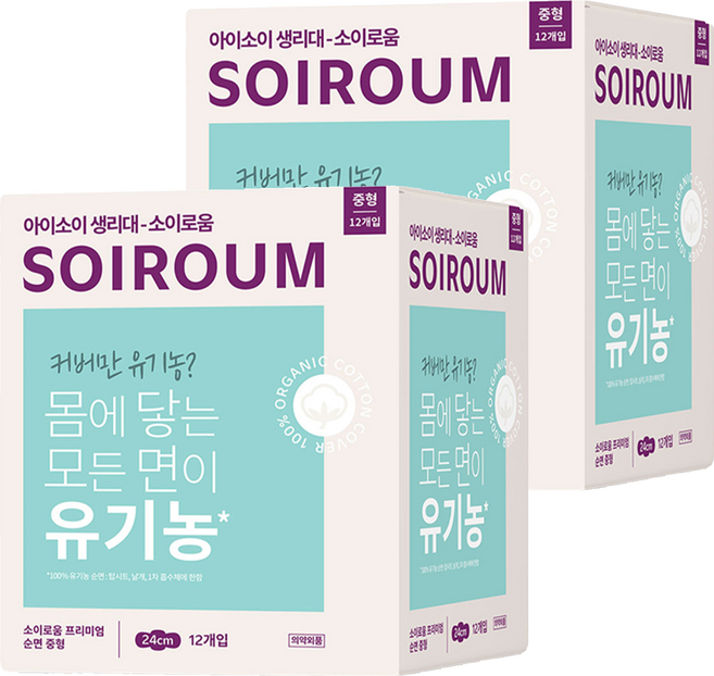 소이로움 프리미엄 순면 생리대 날개형, 중형, 12개입, 2개