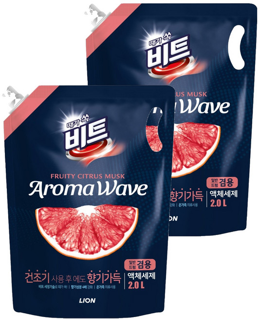 비트 아로마웨이브 일반 드럼 겸용 리필 시트러스향, 2L, 2개