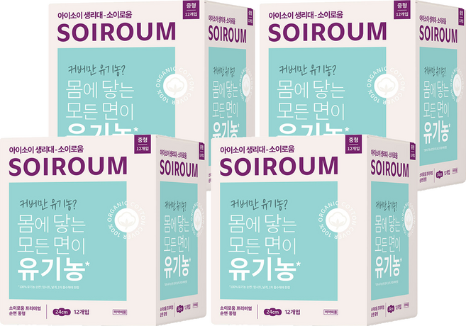 소이로움 프리미엄 순면 생리대 날개형, 중형, 12개입, 4개
