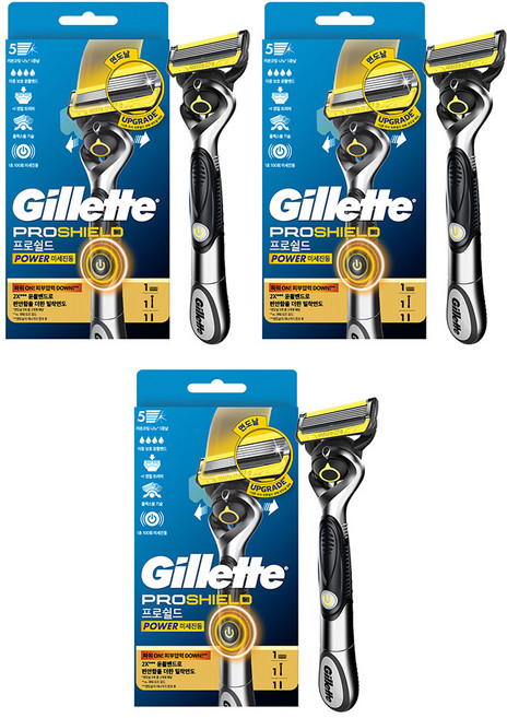 질레트 프로쉴드 옐로우 파워 면도기 핸들 + 면도날 세트, 3세트